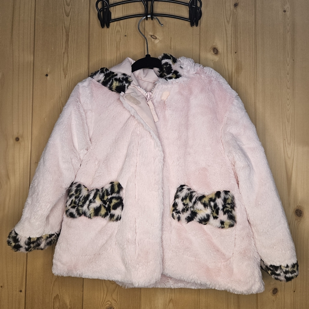 2T Pink Rothschild Faux Fur Kids Jacket with Leopard Print Accents